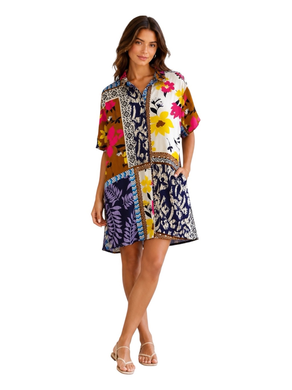 Dalin Floral Short Sleeve Oversized Relaxed Fit Shirt Dress in Multicolor